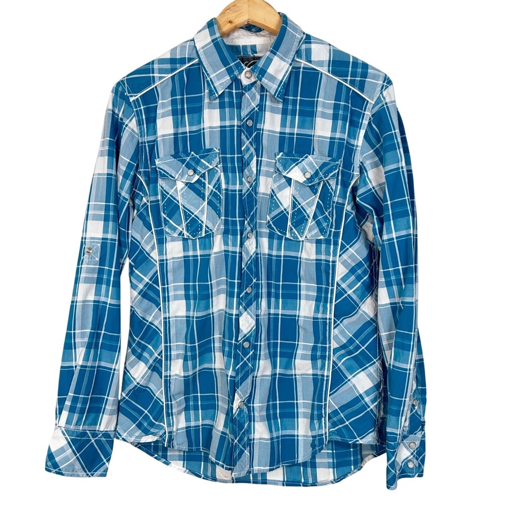BKE Blue Plaid Pearl Snap Western Work Rodeo Athletic Fit Shirt Size-M Ranchwear